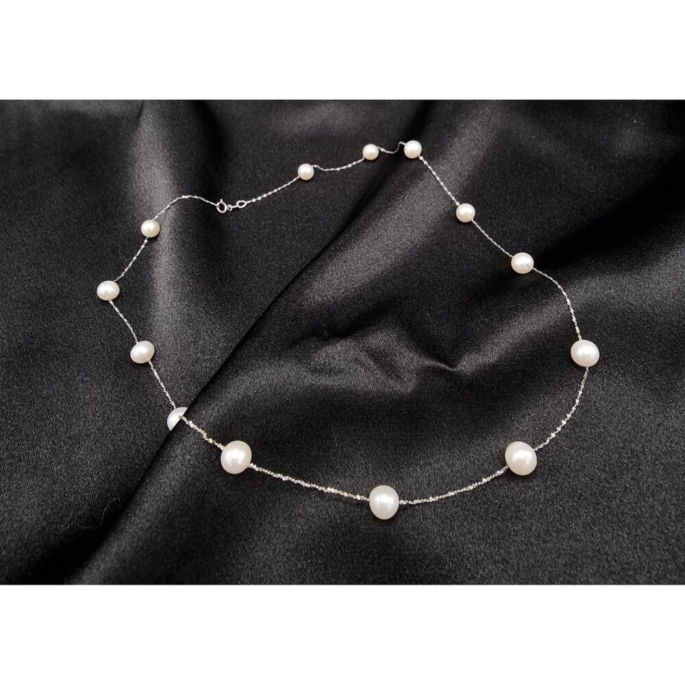 Vintage 1990s 14k White Gold Italy 585 Necklace With Cultured Pearls